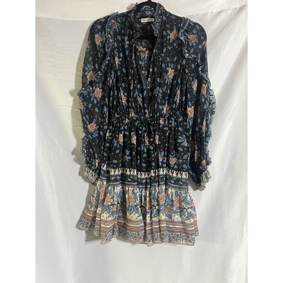 Ulla Johnson Romilly Dress Women's 2 Black Blue Floral Long Sleeve Chiffon